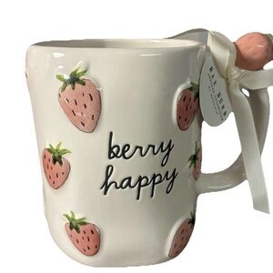 Rae Dunn BERRY HAPPY Mug With Strawberry On Handle NWT